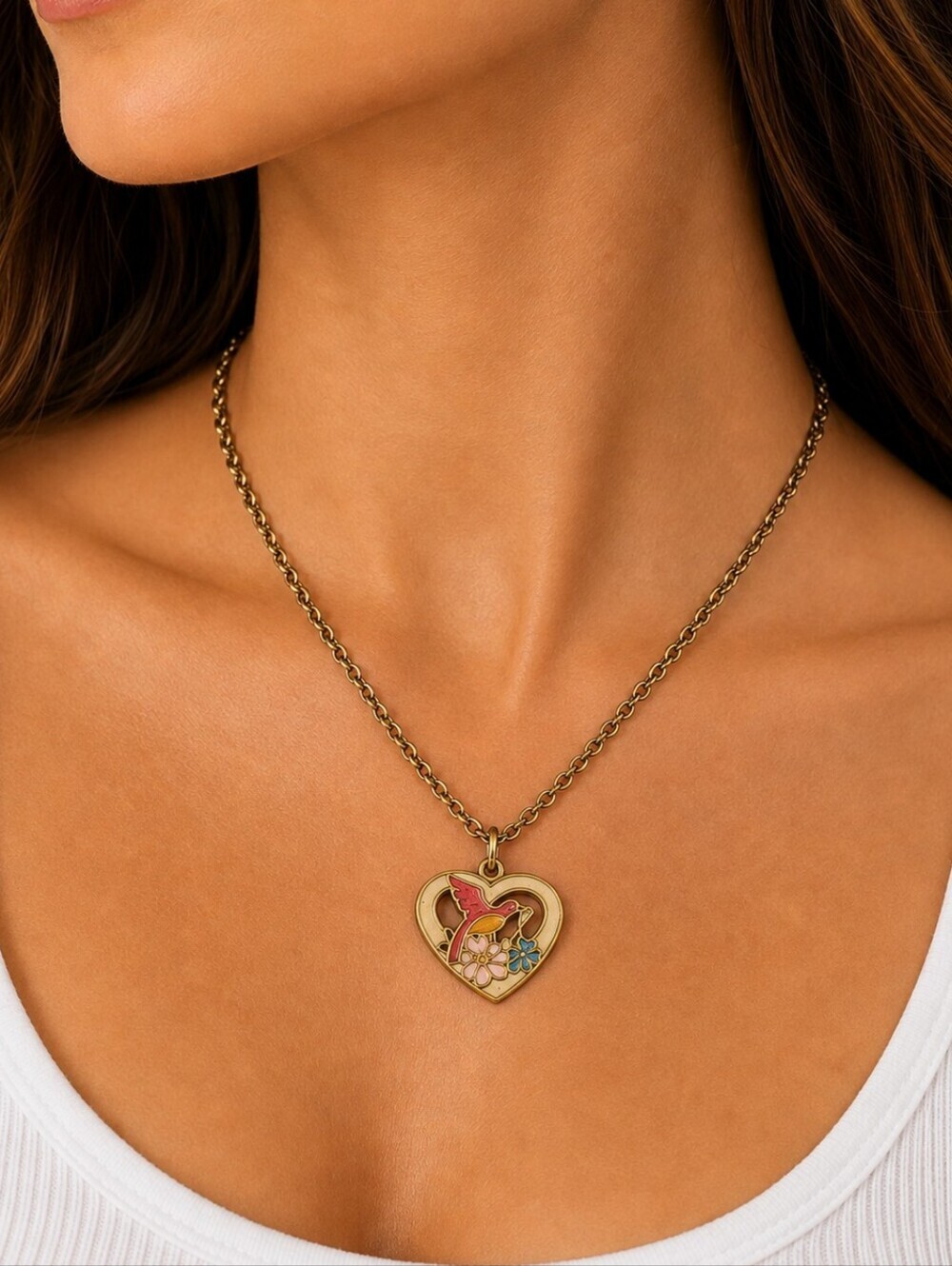 Vintage 1970s Dainty Fairy Cloisonne Floral Bird Heart Pendant Chain Necklace